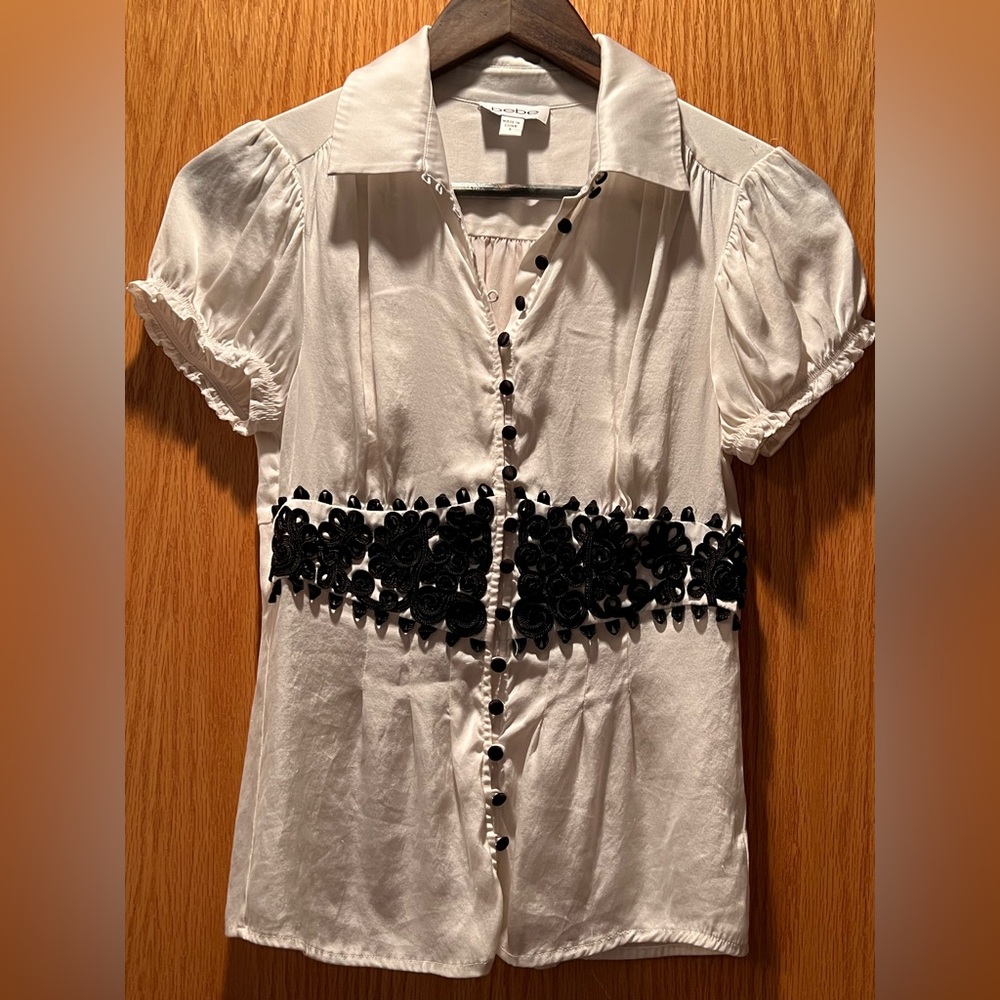 bebe White Blouse with Black Floral Accents